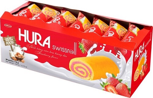 Bánh Hura Swissroll dâu (hộp gói 360 gam)