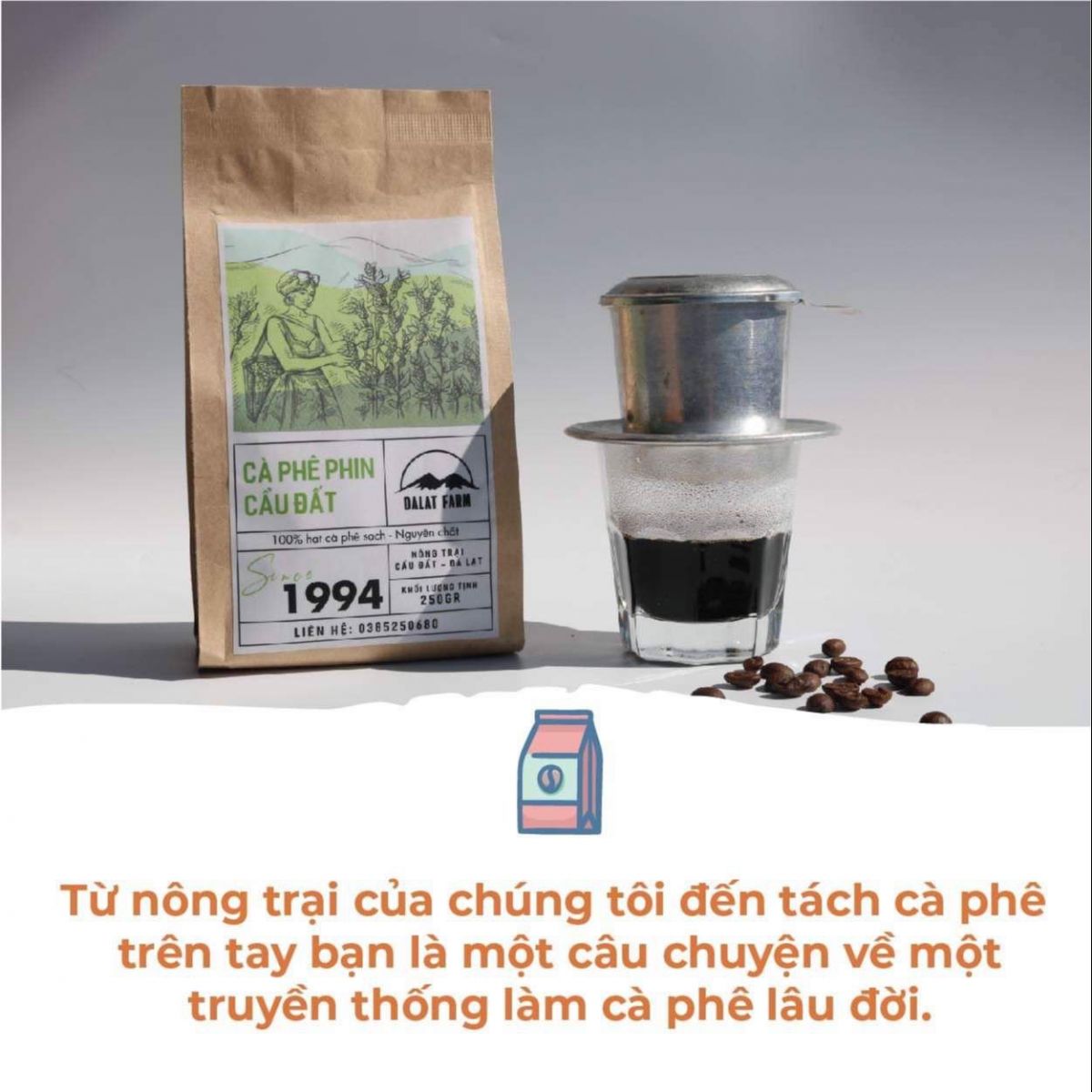 Cà Phê Phin (Arabica &amp; Robusta) Cầu Đất Rang Mộc Dạng Hạt DalatFarm 