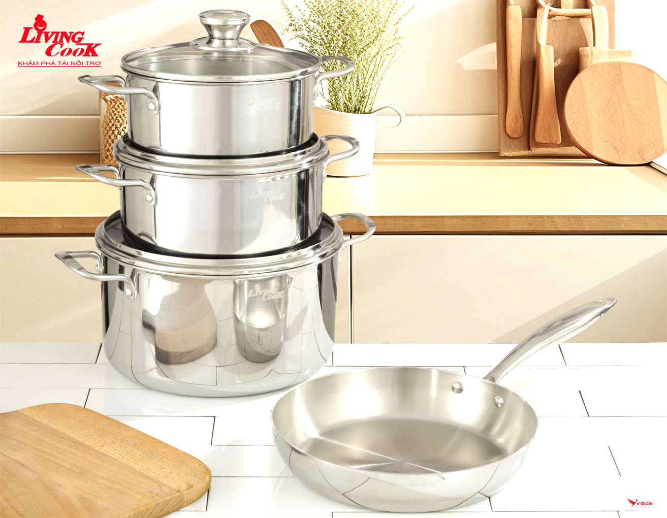 Bộ Nồi Inox Liền Khối 3 Lớp Bộ 4 Chiếc LC 349 Livingcook – Hãng Chính Hãng